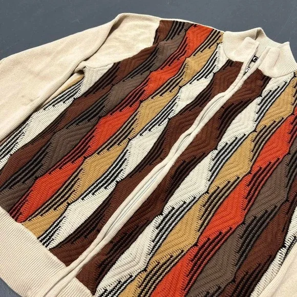 Men's vintage y2k Coogi style earth tone 3d knit full zip up sweater - Picture 3 of 6